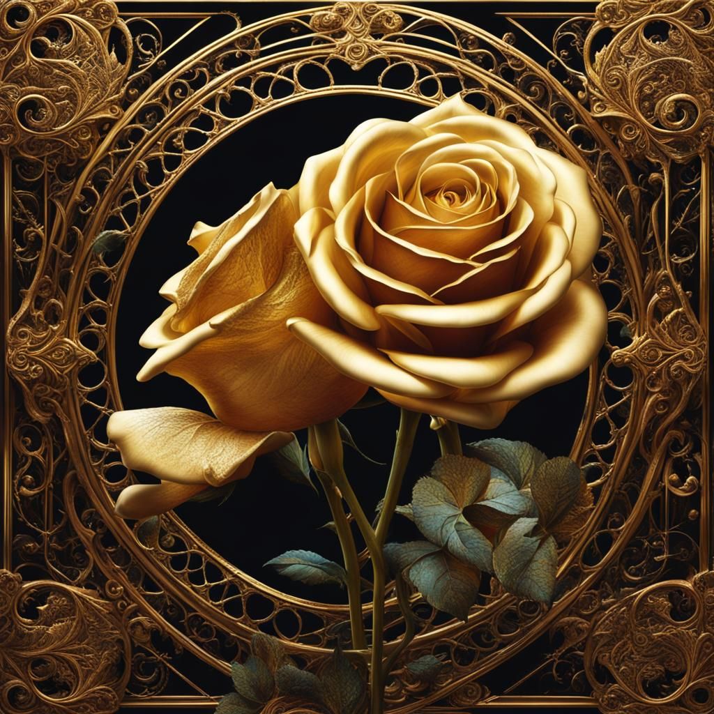 Gothic Woman Dreams of a Rose with Gold Filigree
