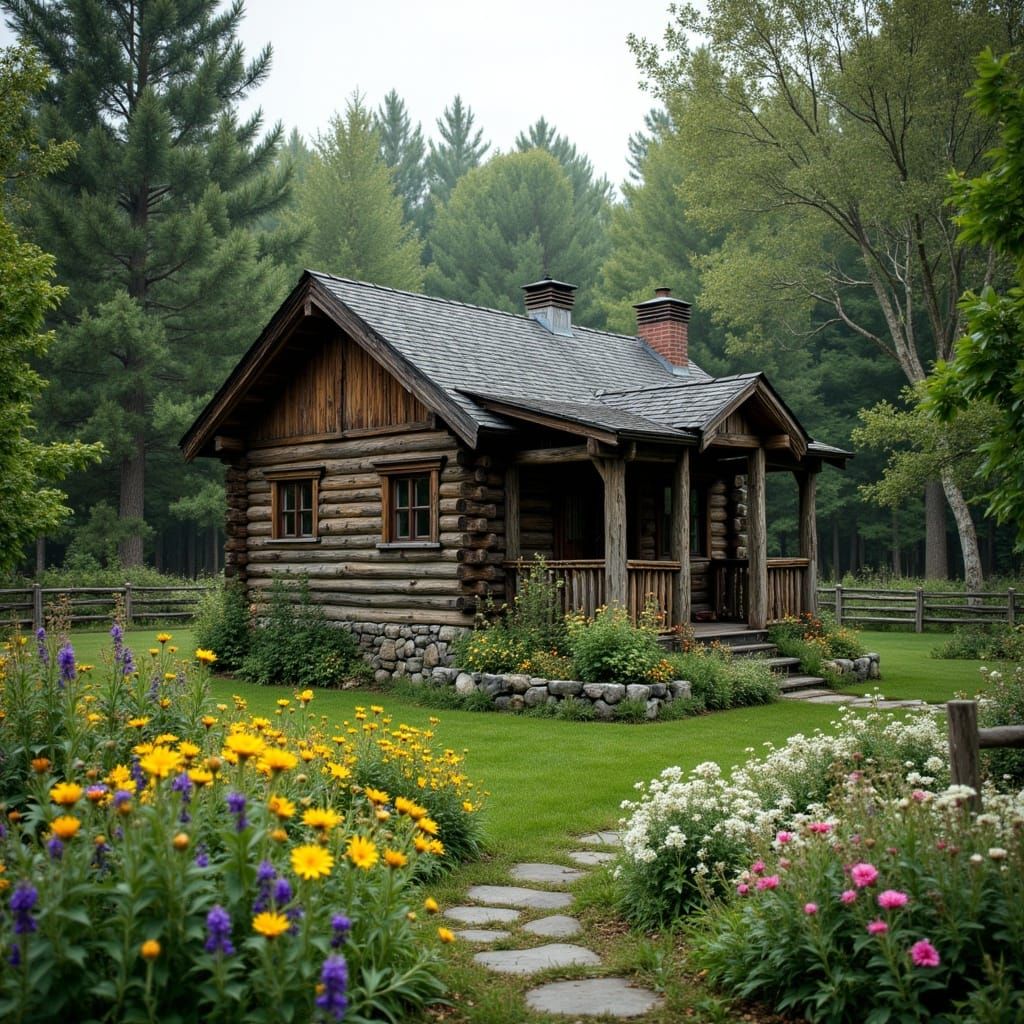 A charming log cabin sits amidst a lush green landscape. The cabin, made of weathered wooden logs, has a dark gray shing...