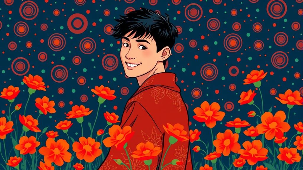 Vibrant Young Man Surrounded by Dancing Flowers in Tradition...