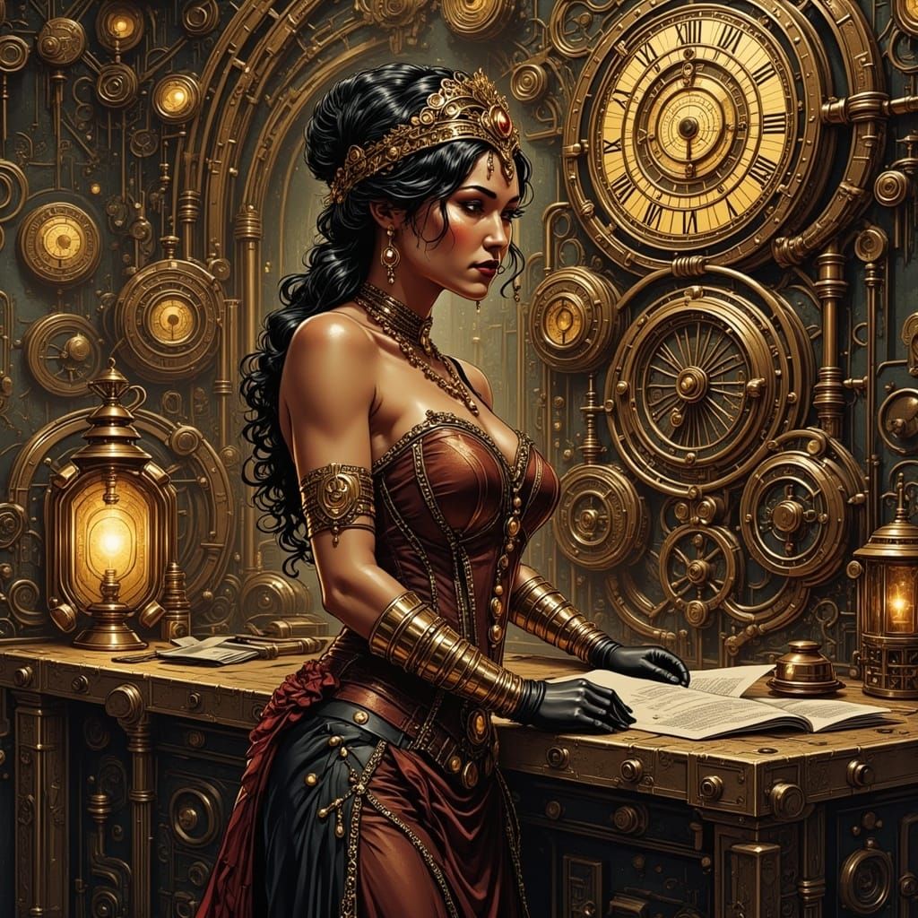 <lora:Native Art Deco:1.0> A textured impasto oil painting of a female steampunk engineer working on a large clock autom...