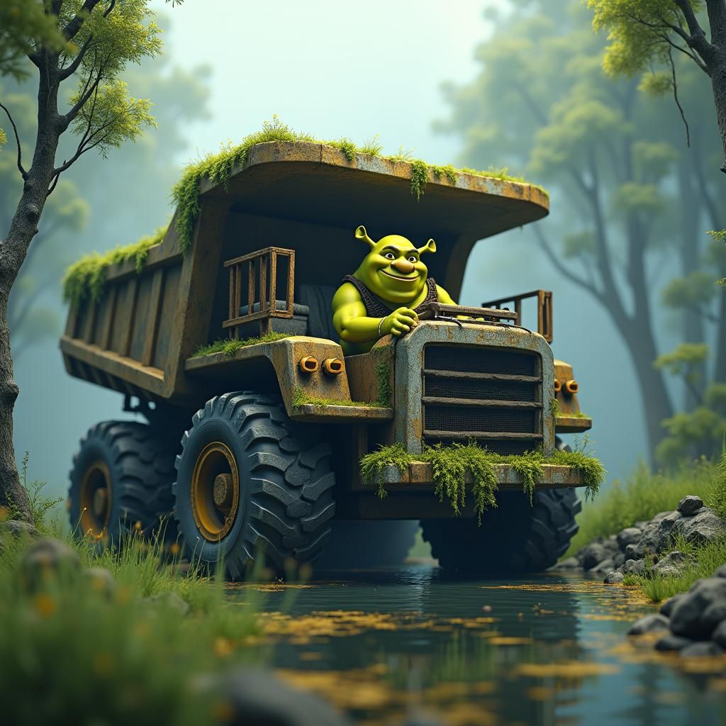 Shrek Driving a Big Dump Truck in Swamp: 3D Anime Art