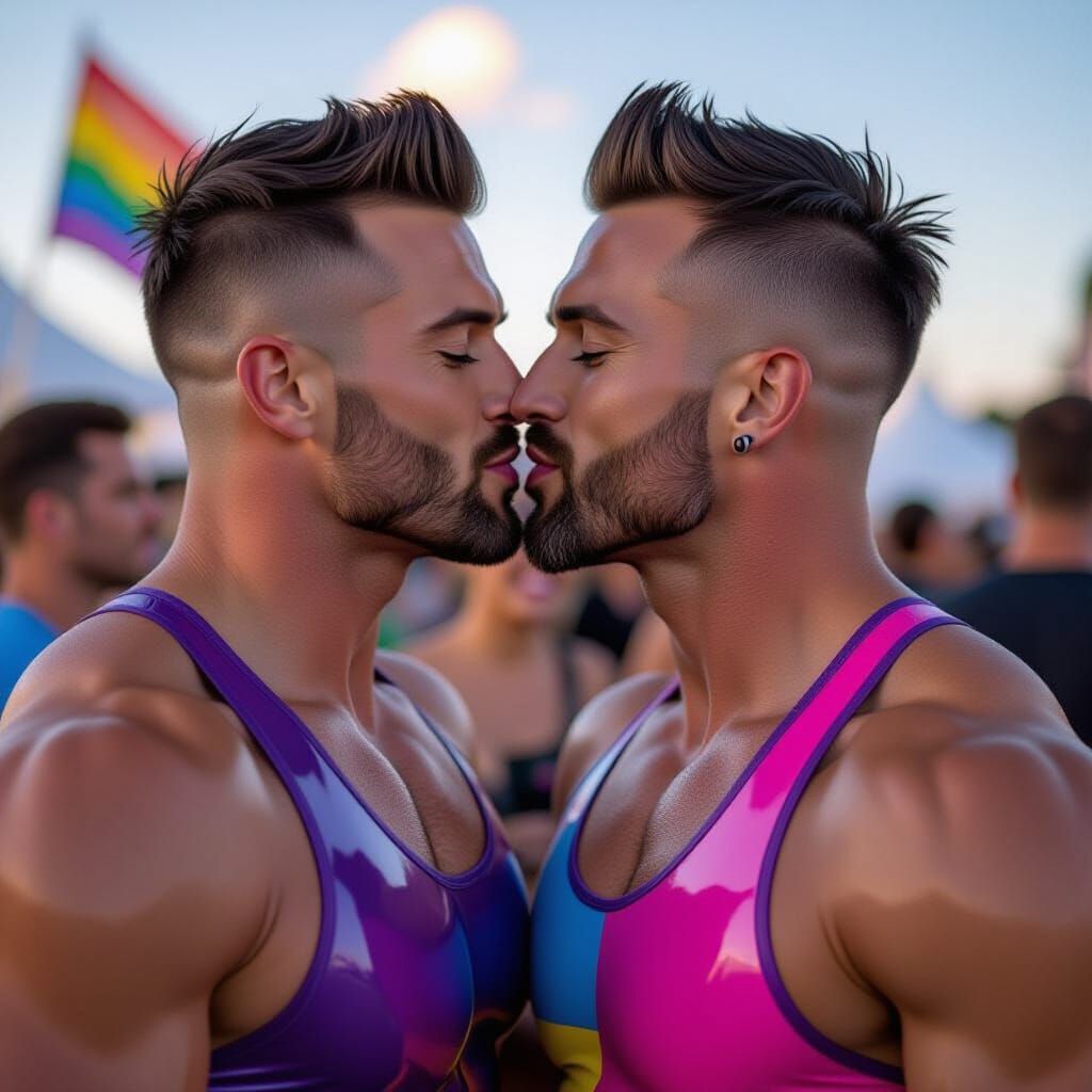Muscular Men Kissing in Latex Swimsuits