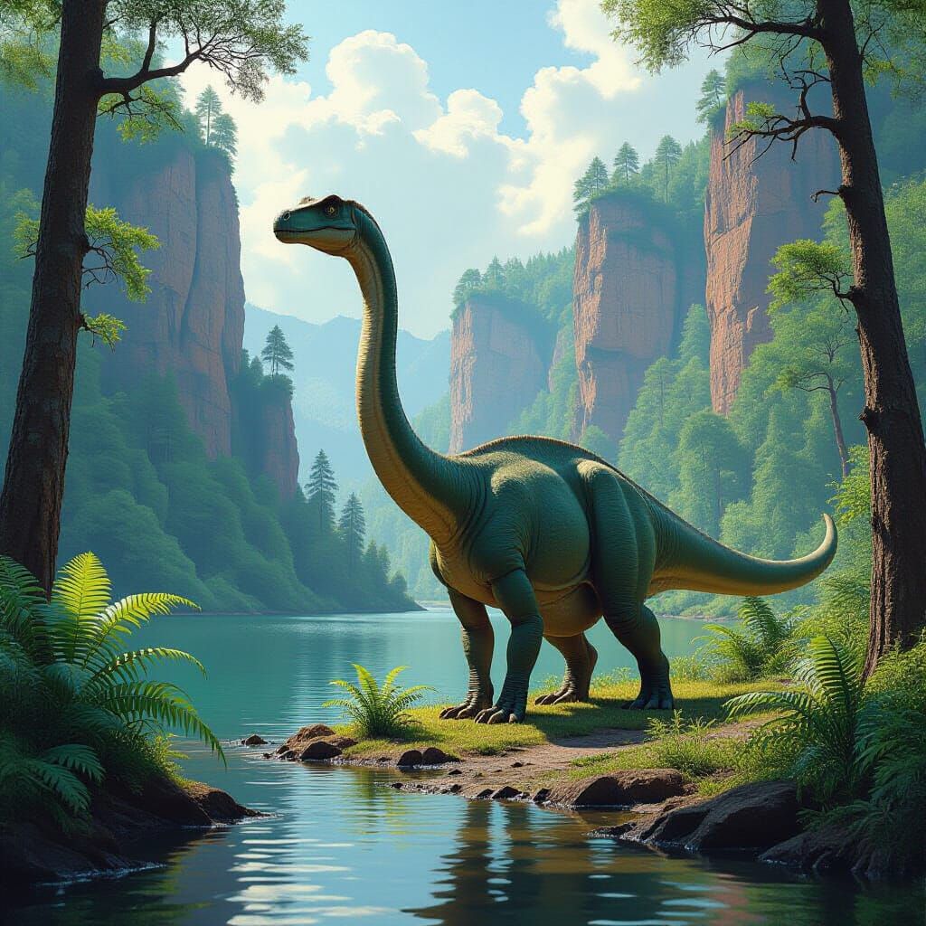 Dinosaur Grazing in Prehistoric Landscape