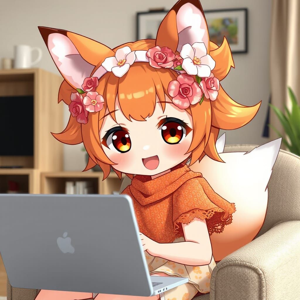Anime Fox Girl with Laptop in Living Room