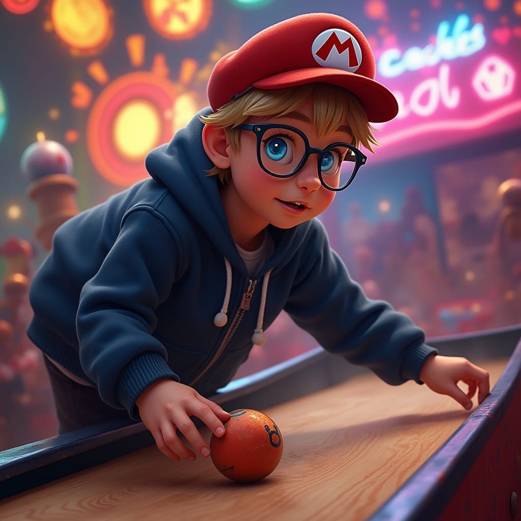 Boy Plays Skeeball in Vibrant Arcade