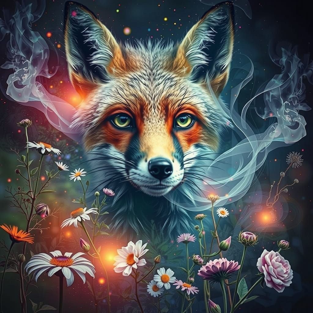 Double Exposure Fox with Bioluminescent Wildflowers
