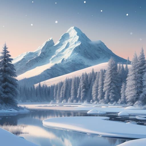 Serene Winter Mountain Landscape with Gentle Snowfall