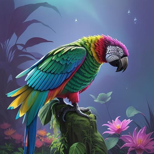 Mystical Garden: Surrealist Parrot Woman and Wolf Man