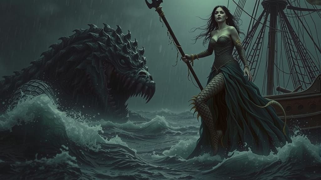 Sinister Mermaid Fights Kraken in Storm