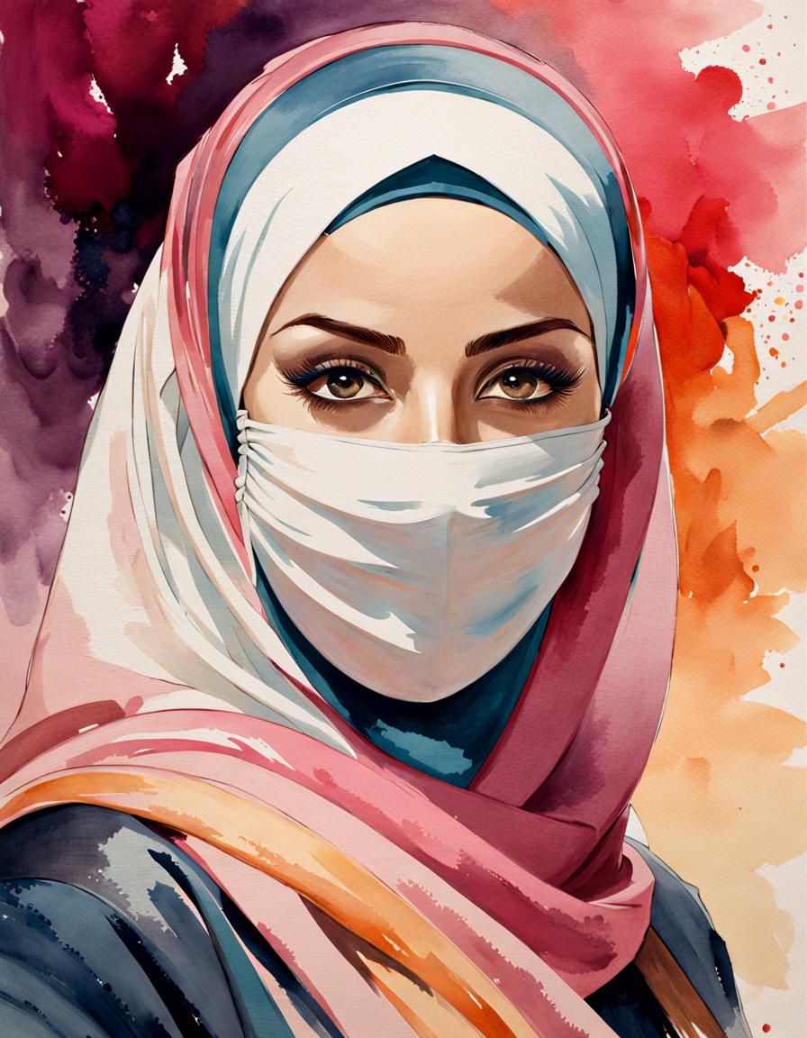 Watercolor Portrait of Woman in Hijab and Facemask