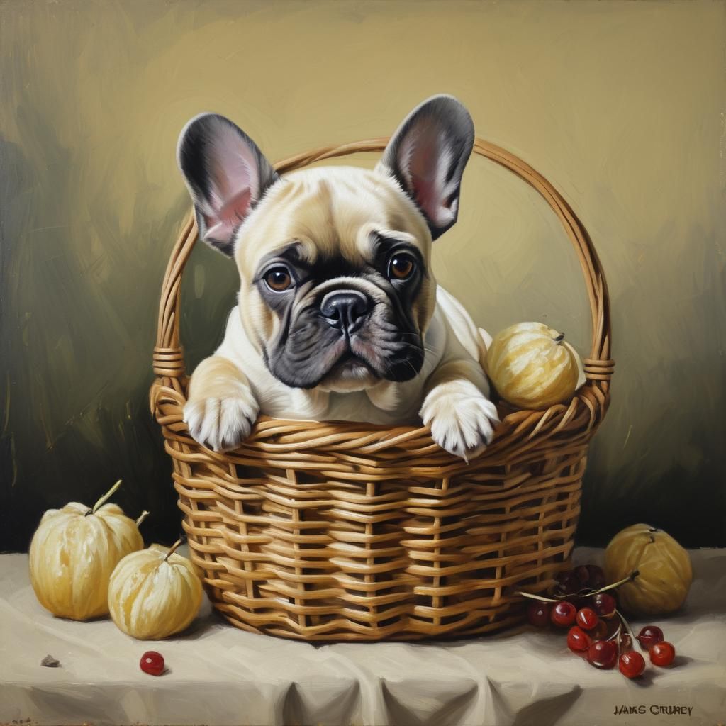 A cream french bulldog in a basket