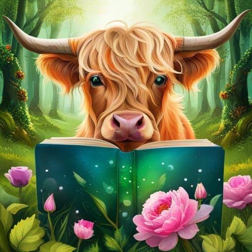 Highland Cow Reading in Rose Garden, Splash Art