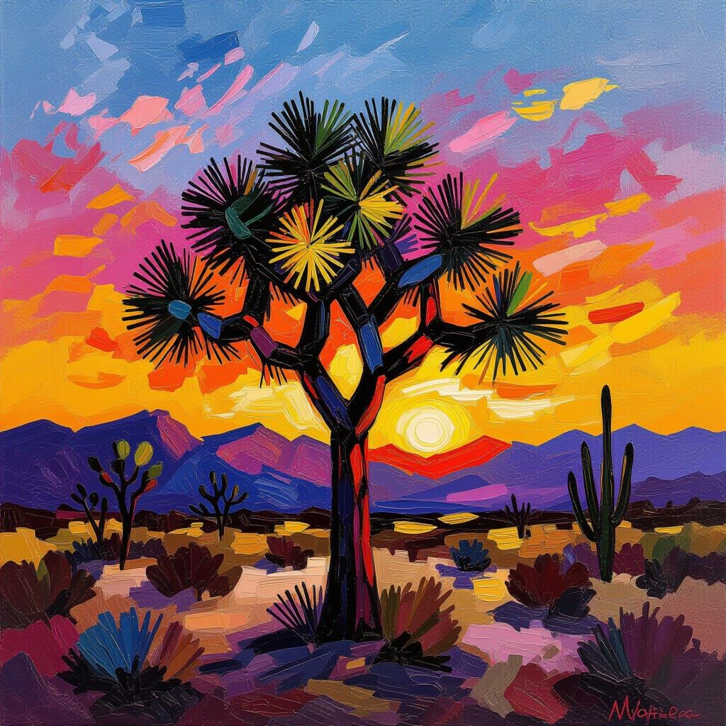 Joshua Tree Sunset: Expressionist Neo-Impressionist Oil Pain...