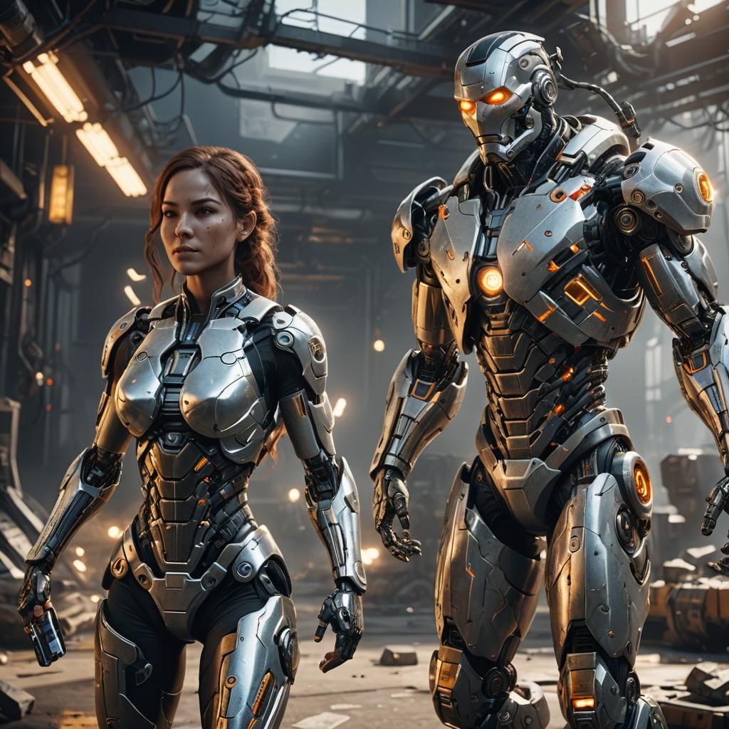 Cyborg Couple Recharging: 3D Game Cinematic Graphics