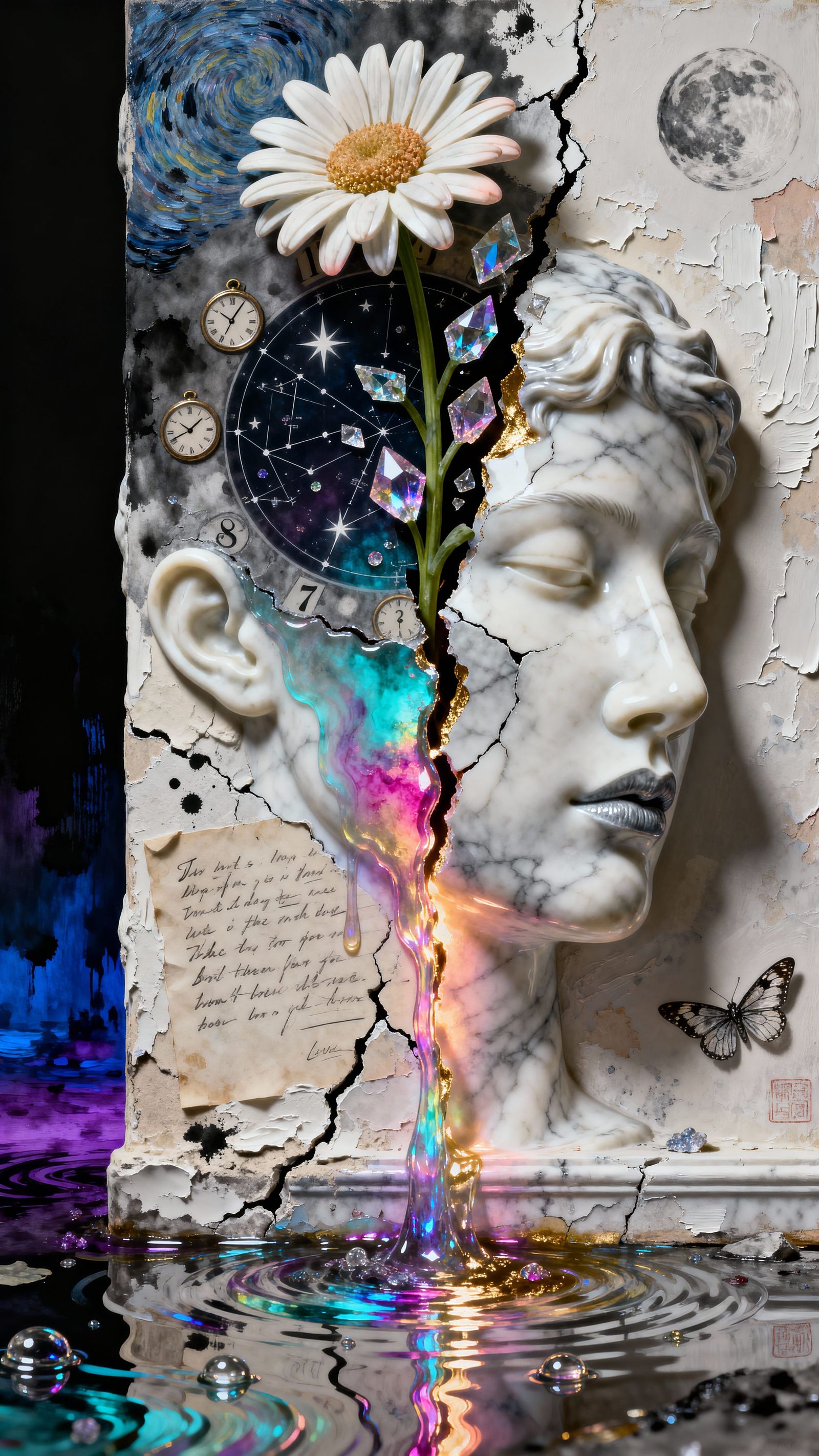 Marble Face Profile from Cracked Wall with Rainbow Light