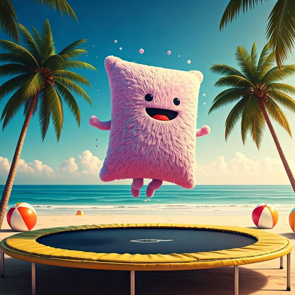 Happy Pillow's Beach Day: Hyperrealistic Digital Art