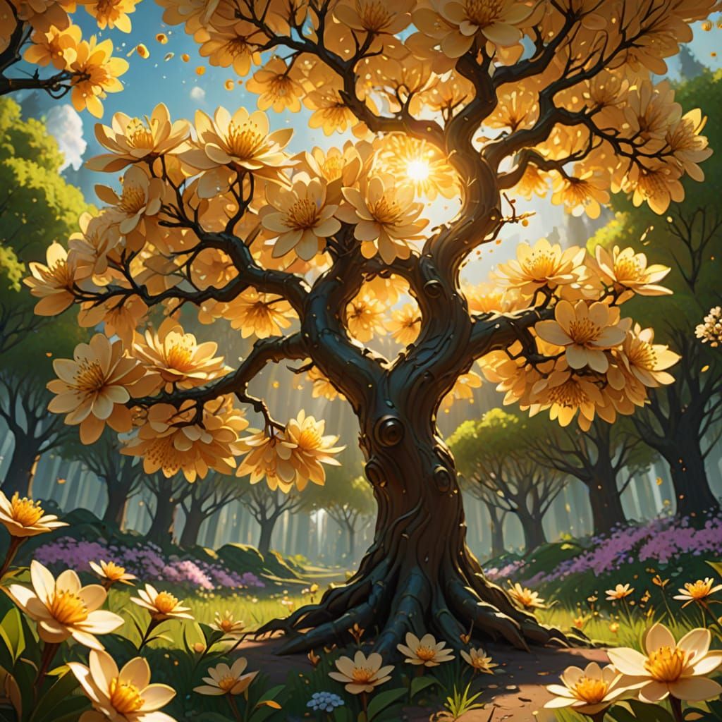 Vibrant Solar Blossom Tree in Golden Light