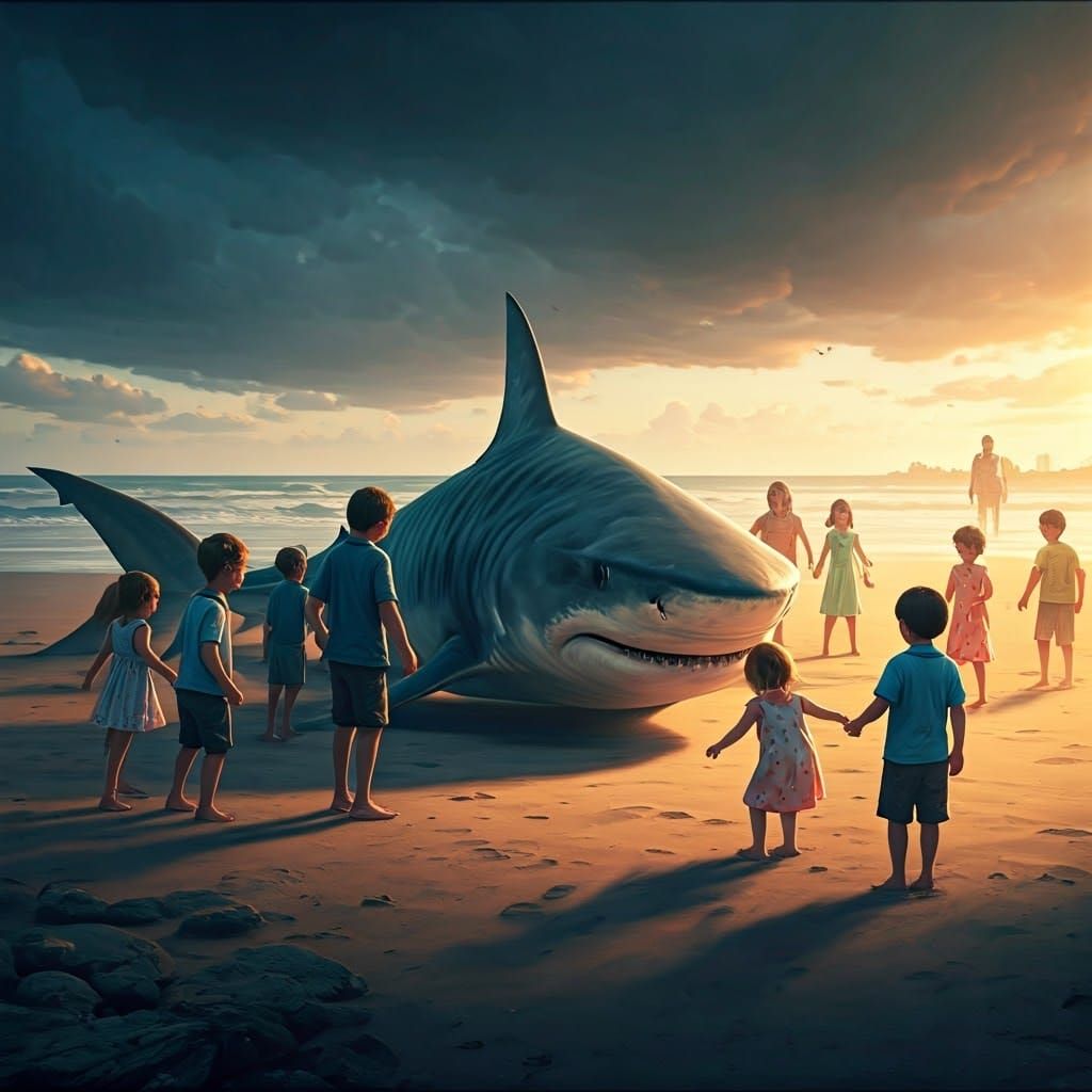 Children Gather Curiously Around a Stranded Tiger Shark on a...