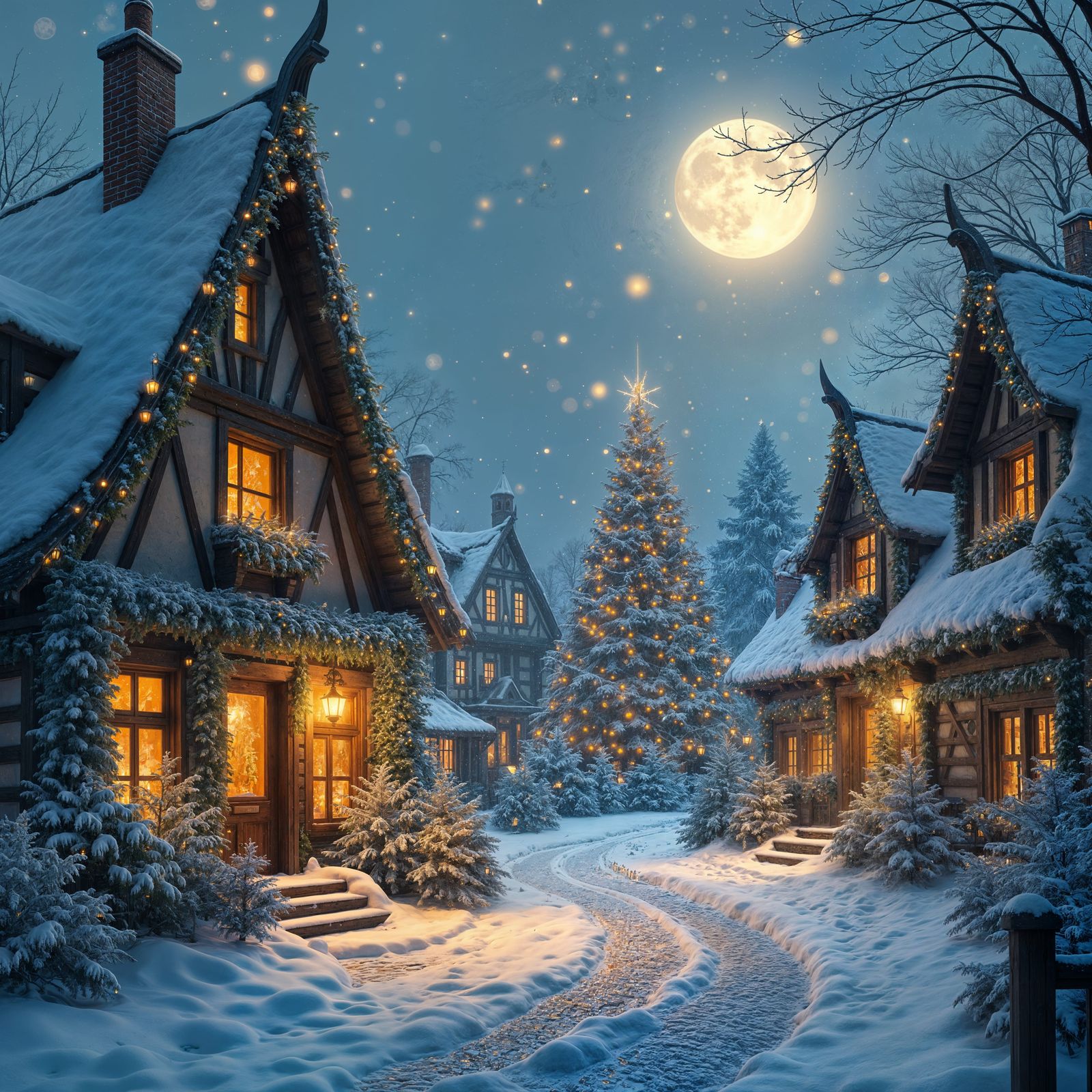 Snowy Village with Christmas Tree in Matte Painting Style