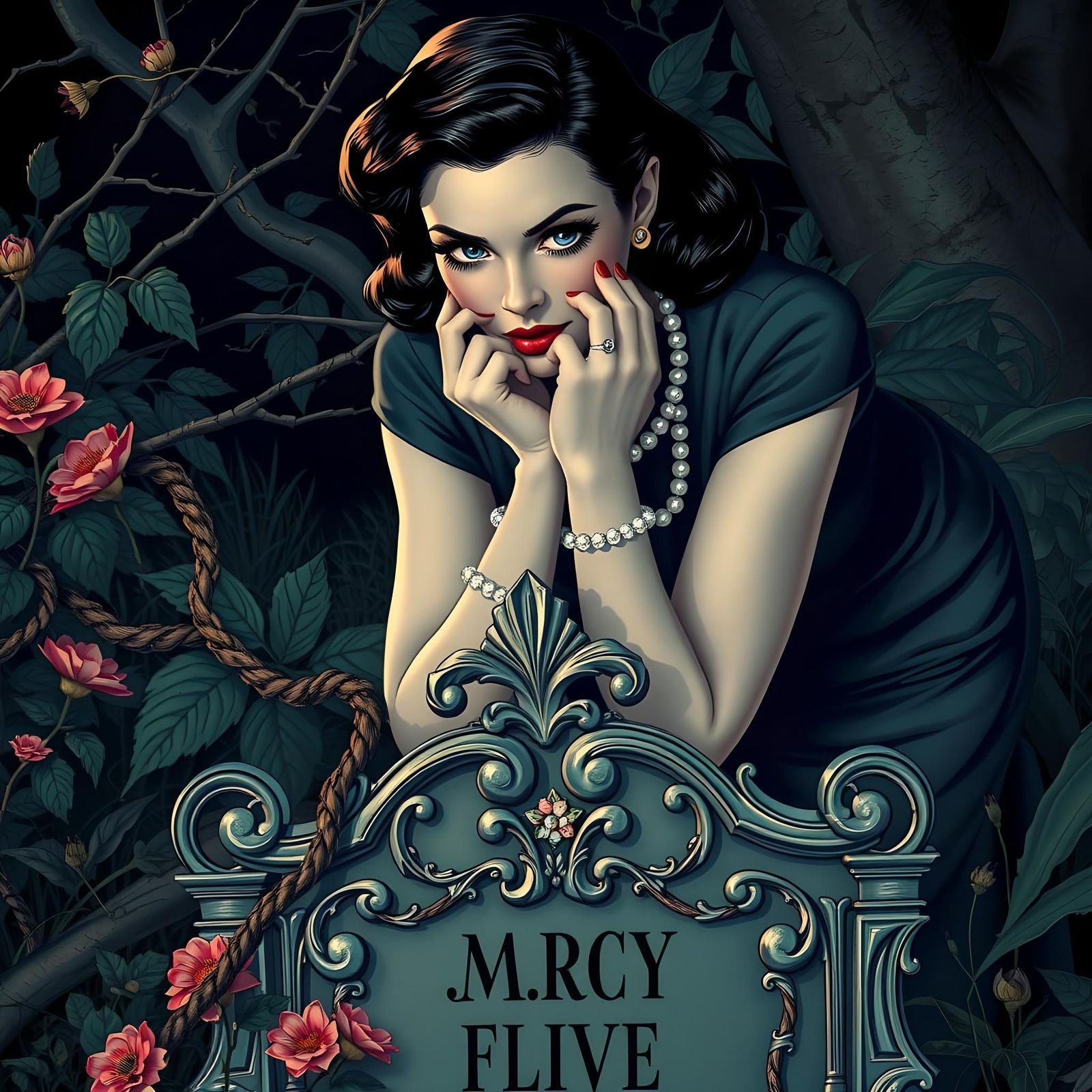 Gothic Woman Mourning at Grave, Pulp Illustration