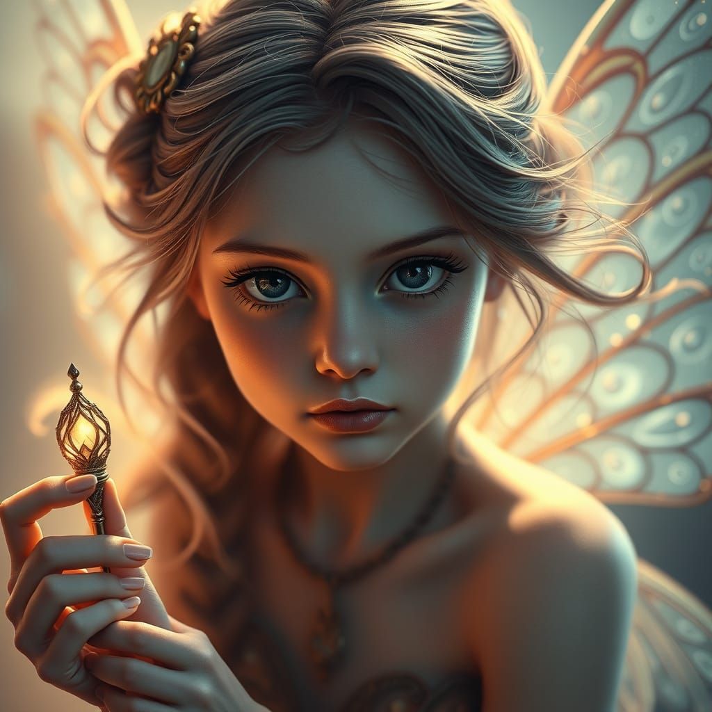 Enchanted Fairy Portrait with Magic Wand in Ethereal Glow
