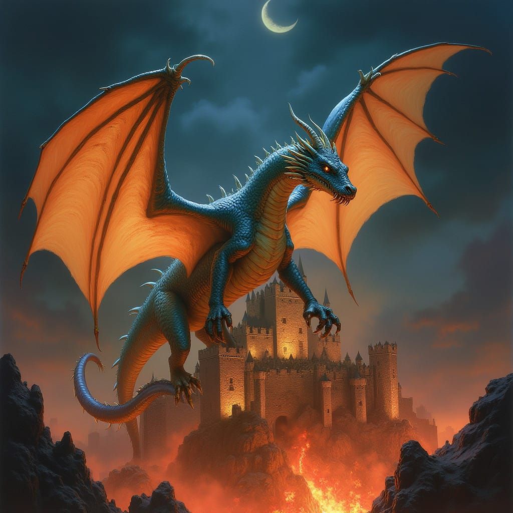 Ethereal Dragon Soars Above Burning Castle at Night