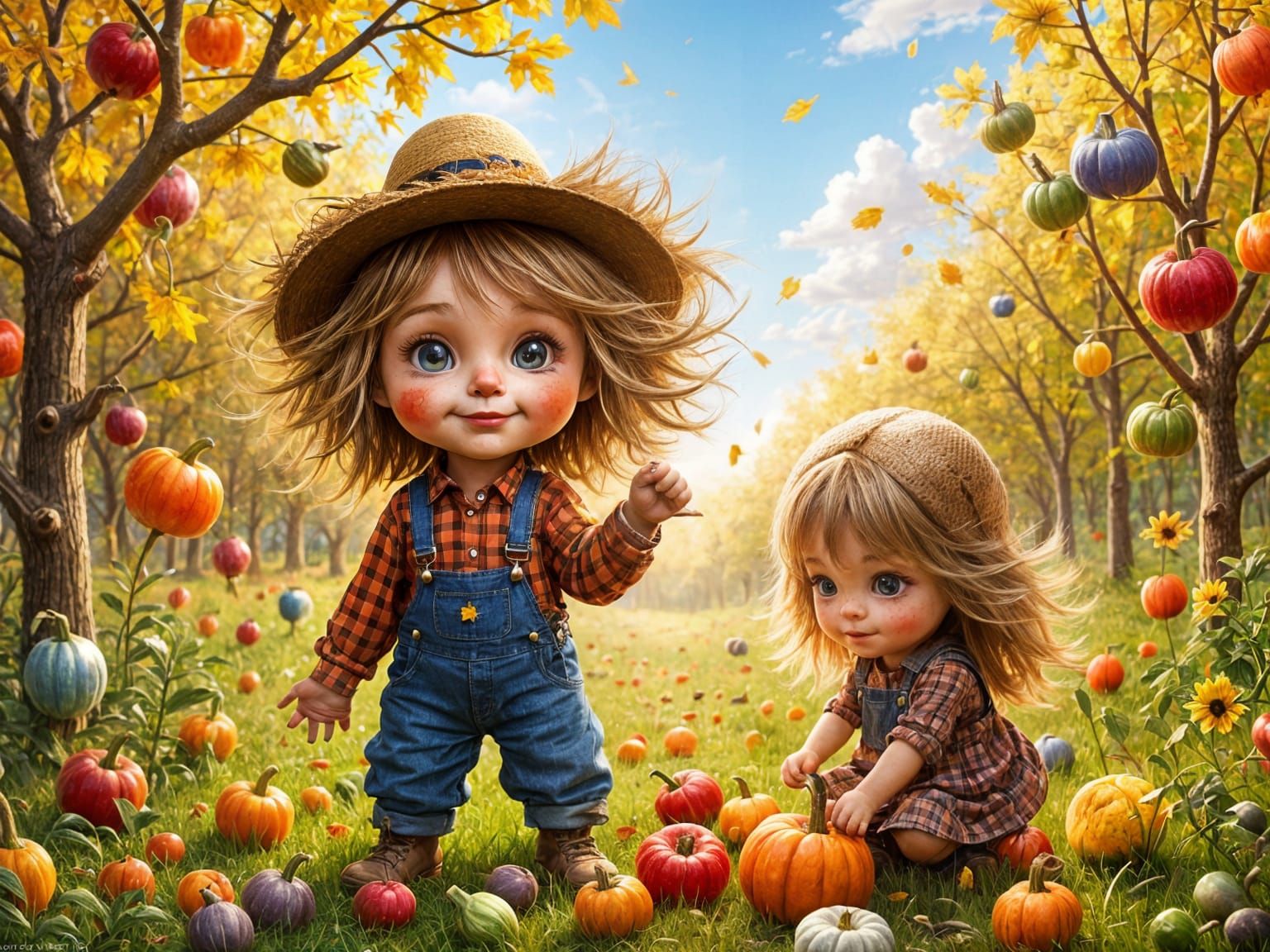 Cute Scarecrows Picking Vegetables in Orchard, Digital Art