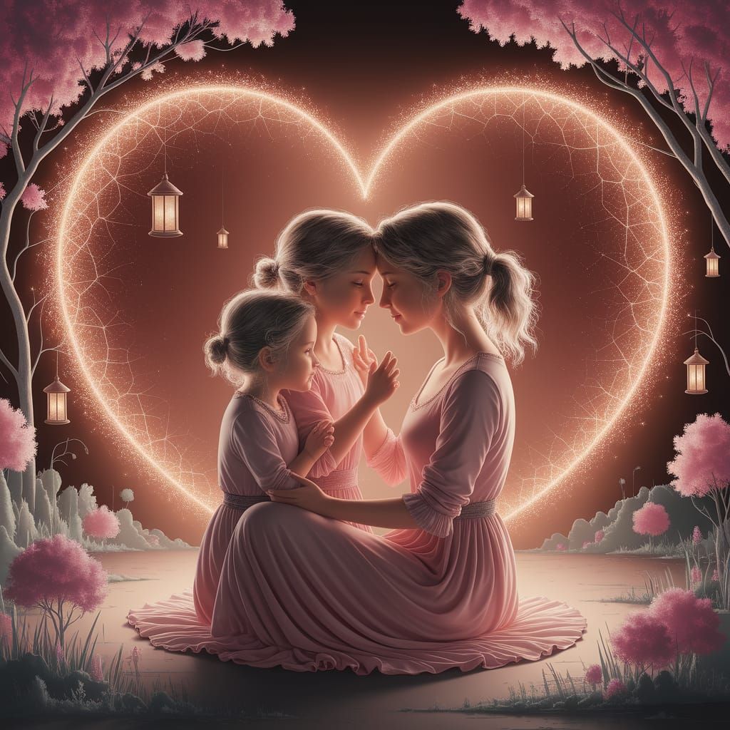 Mother and Children in Enchanting Fantasy World