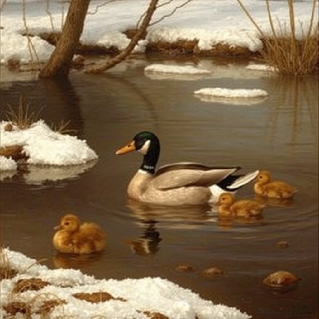Duck and Ducklings in Early Spring, Rococo Style