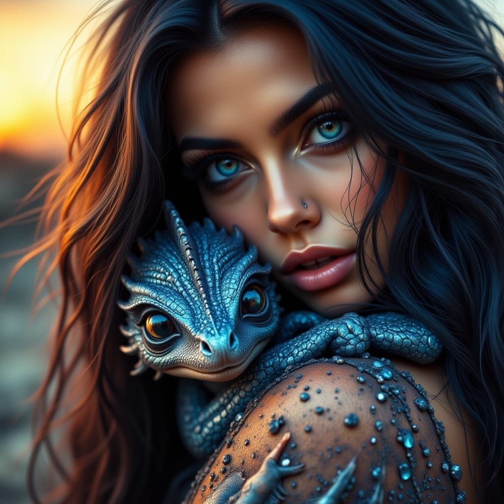 Hyperrealistic Portrait of Woman Hugging Baby Dragon