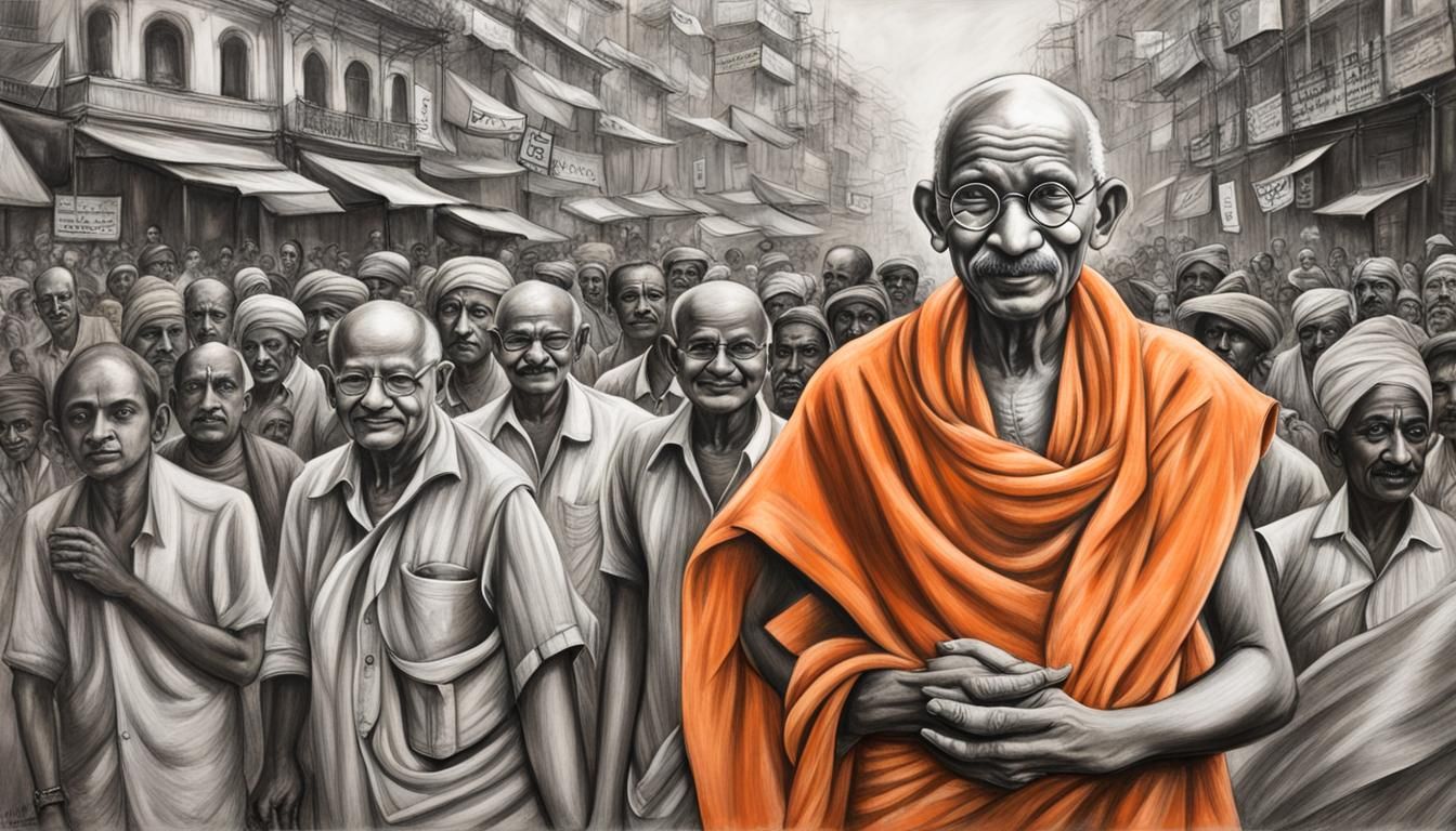 Mahatma Gandhi Portrait in Kolkata, Charcoal Drawing