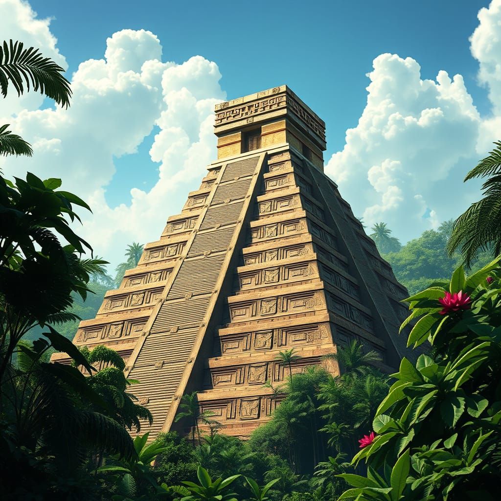 Ancient Aztec Pyramid Soars Amidst Lush Jungle in Vibrant An...