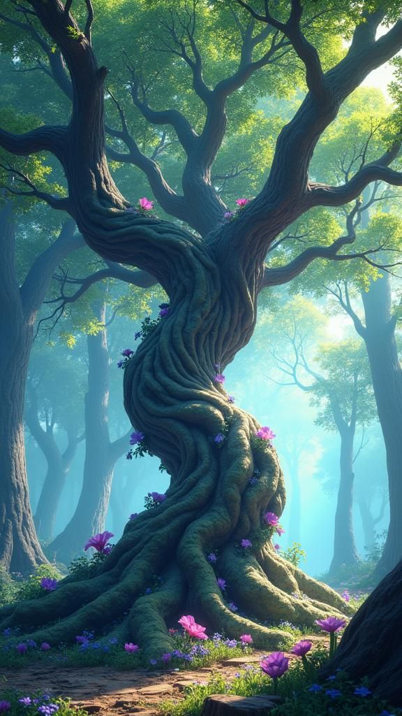 Mystical Jewel-Leaf Tree in Vibrant Anime Style