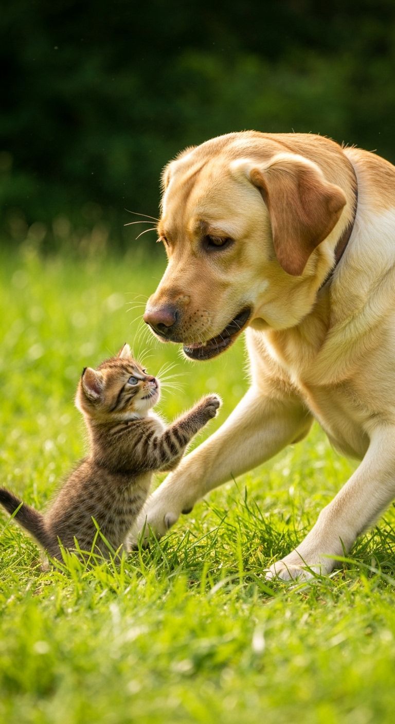 Kitten and Labrador Play in Sunny Meadow