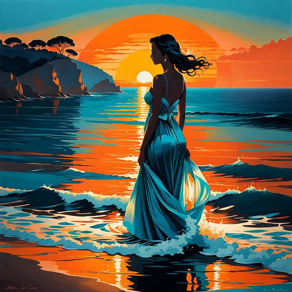 Mediterranean Sunset Impressionism: Woman on the Beach