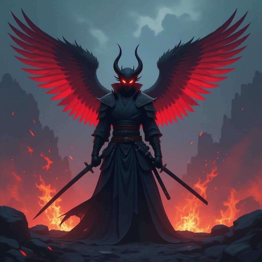 Demonic Warrior with Angelic Wings in Gothic Anime Style