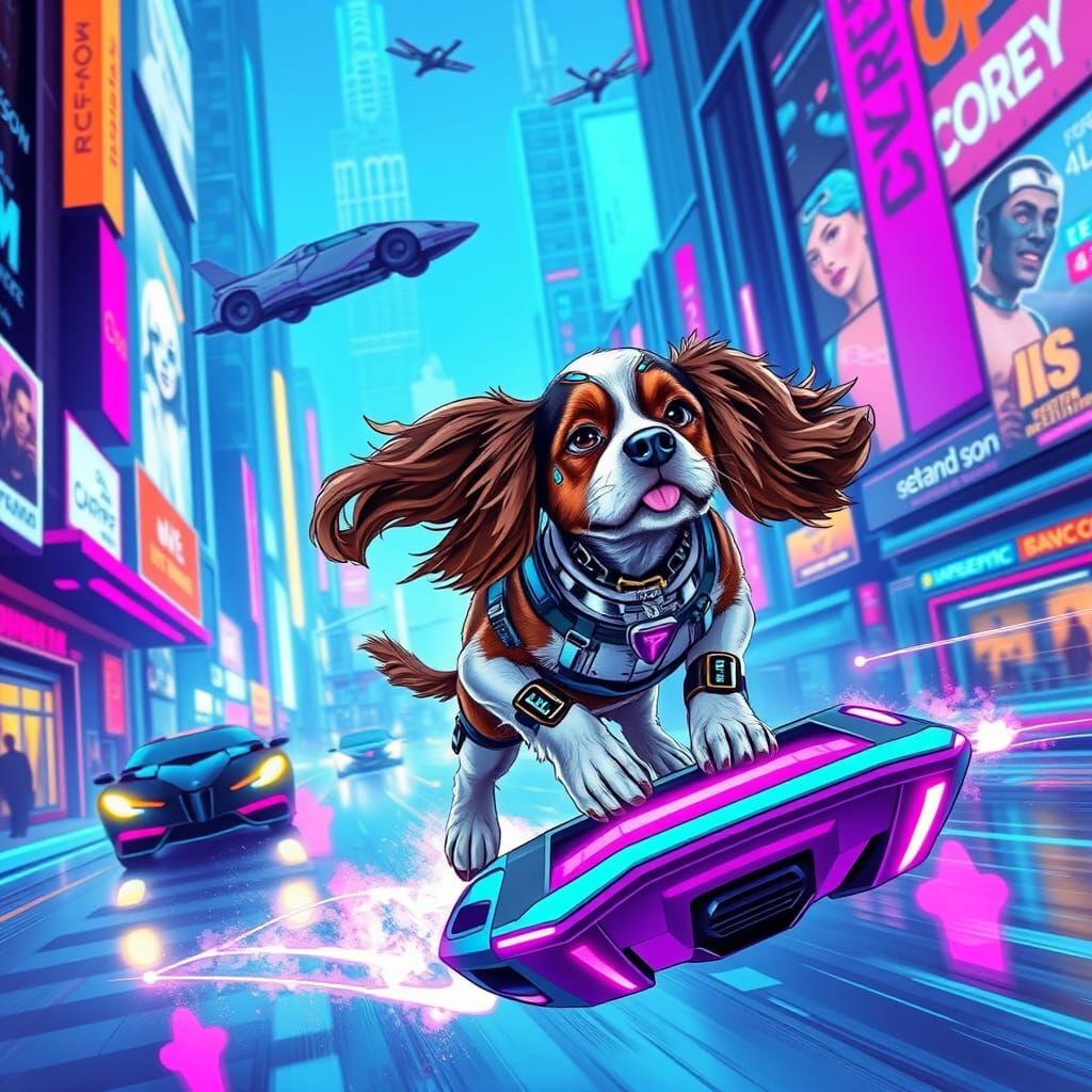 Futuristic Cavalier King Charles Spaniel Races Through Neon ...