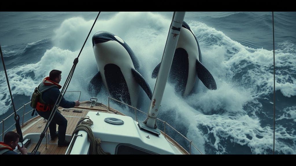 Massive Orca Whales Attack Damaged Yacht in Turbulent Sea