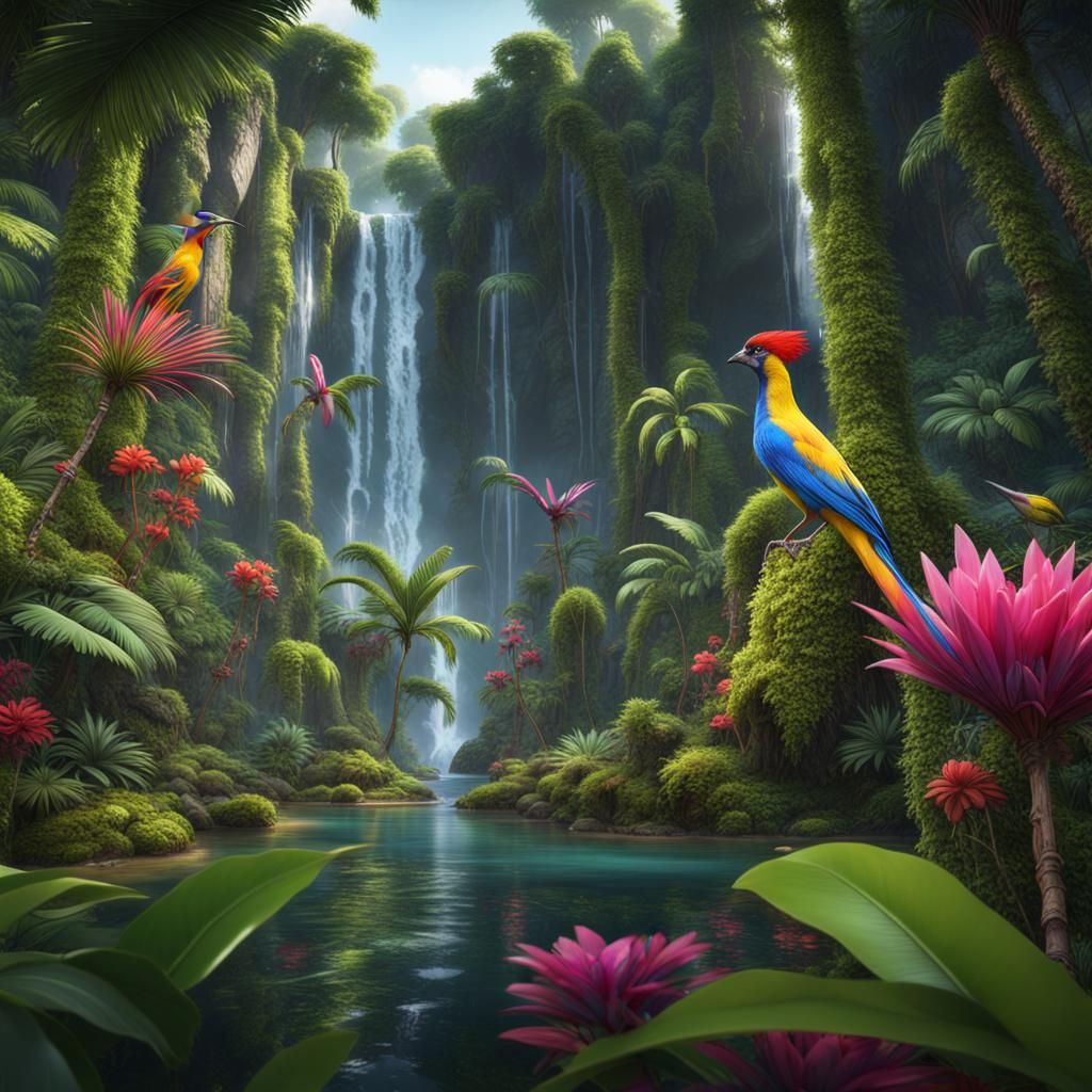 Exotic Birds in Lush Jungle Landscape