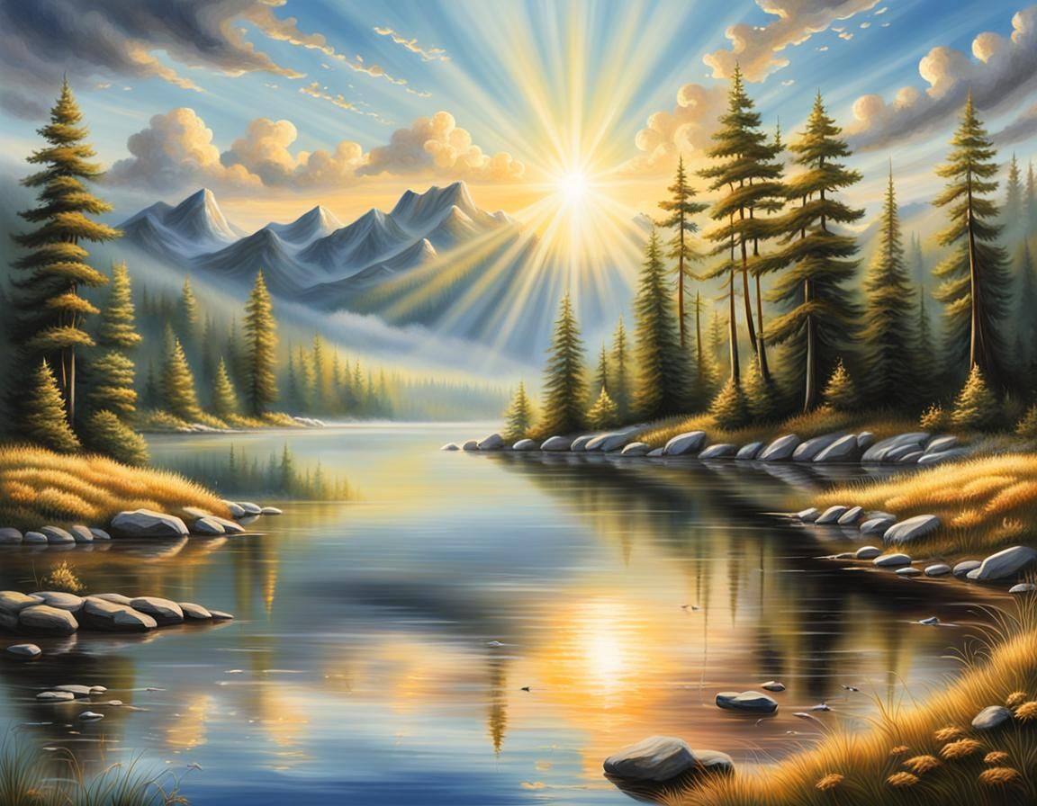 Realistic Painting of a Tranquil Wilderness Sunset