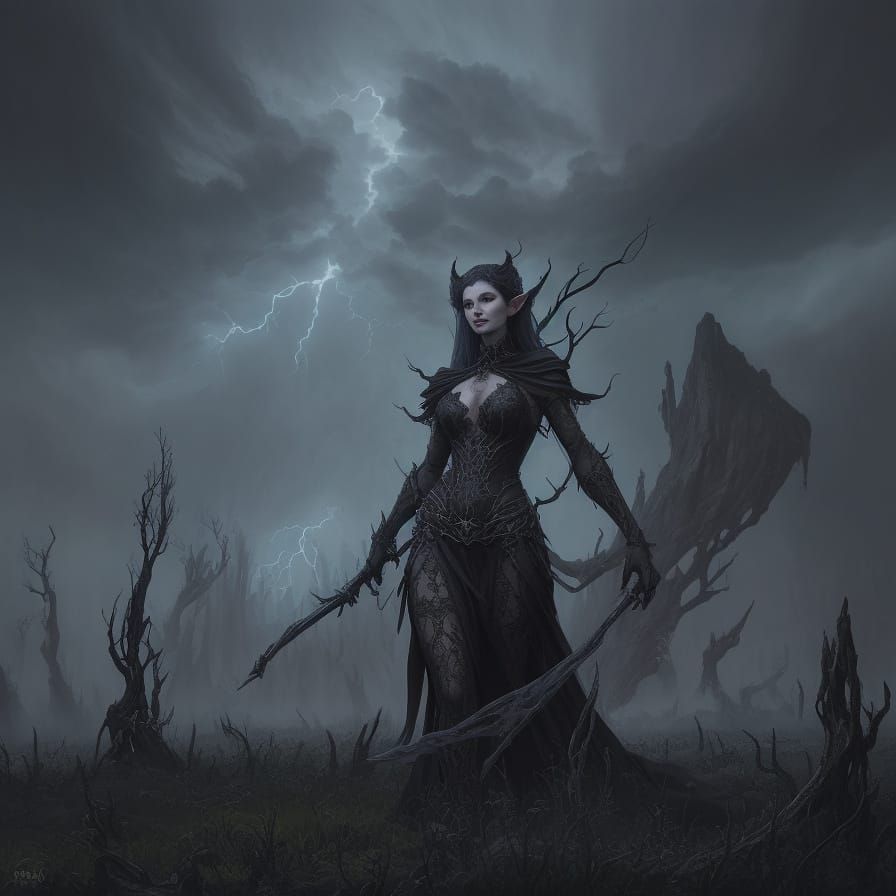 Gothic Elf in Stormy Meadow Oil Painting