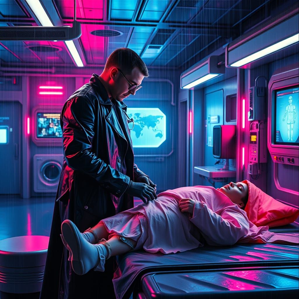 Cyberpunk Medic Saves Patient in Neon Clinic