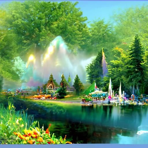Ethereal Summer Lake Scene in Kinkade Style