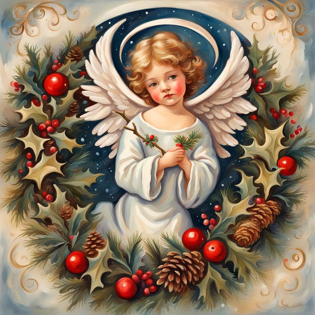 Vintage Christmas Angel in Gouache Style