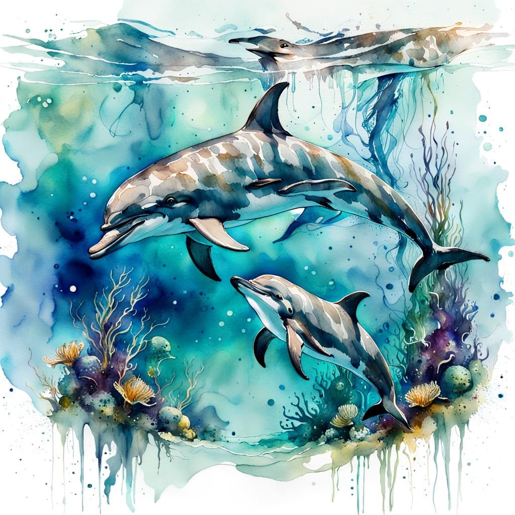 Playful Dolphin Family in Watercolor Style