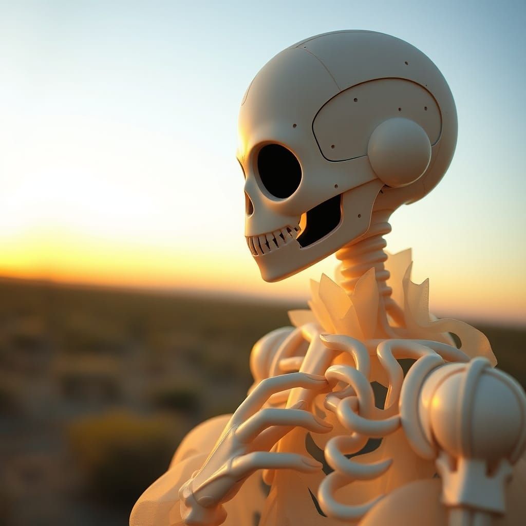 Anthropomorphic Figure with Intricate Designs in Sunset