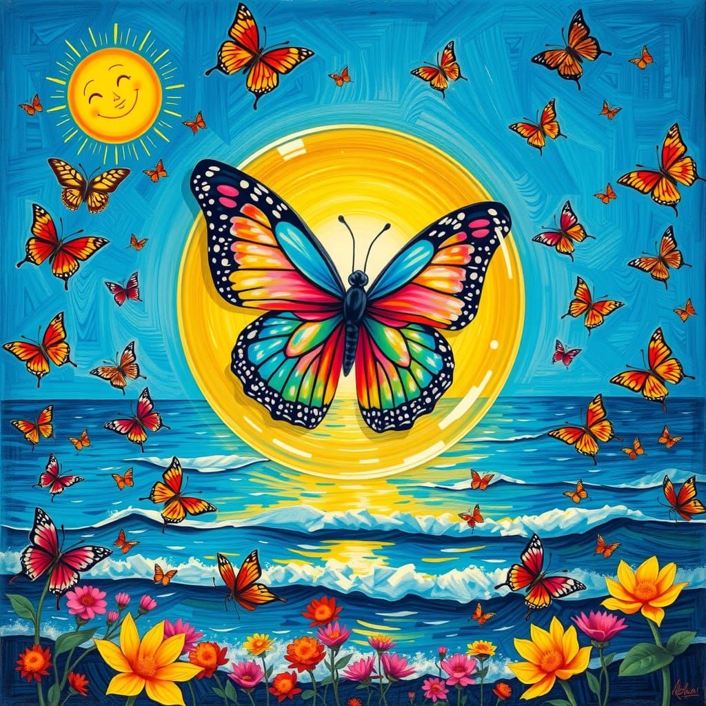 Warm Sunrise with Majestic Mother Butterfly in Vibrant, Drea...