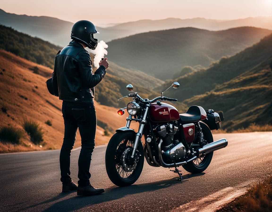 Man and Motorcycle at Sunset, Professional Photography