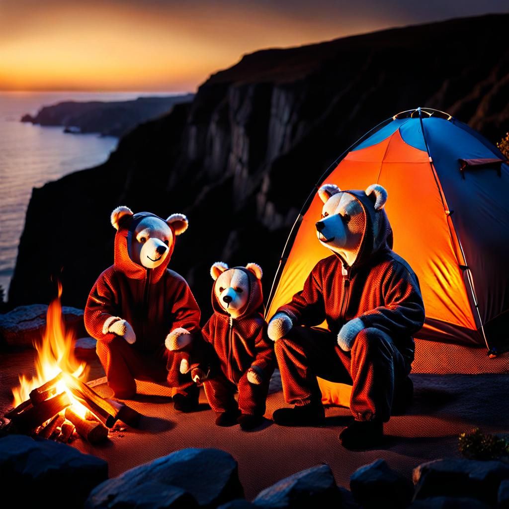 Family in Bear Costumes Camping at Sunset