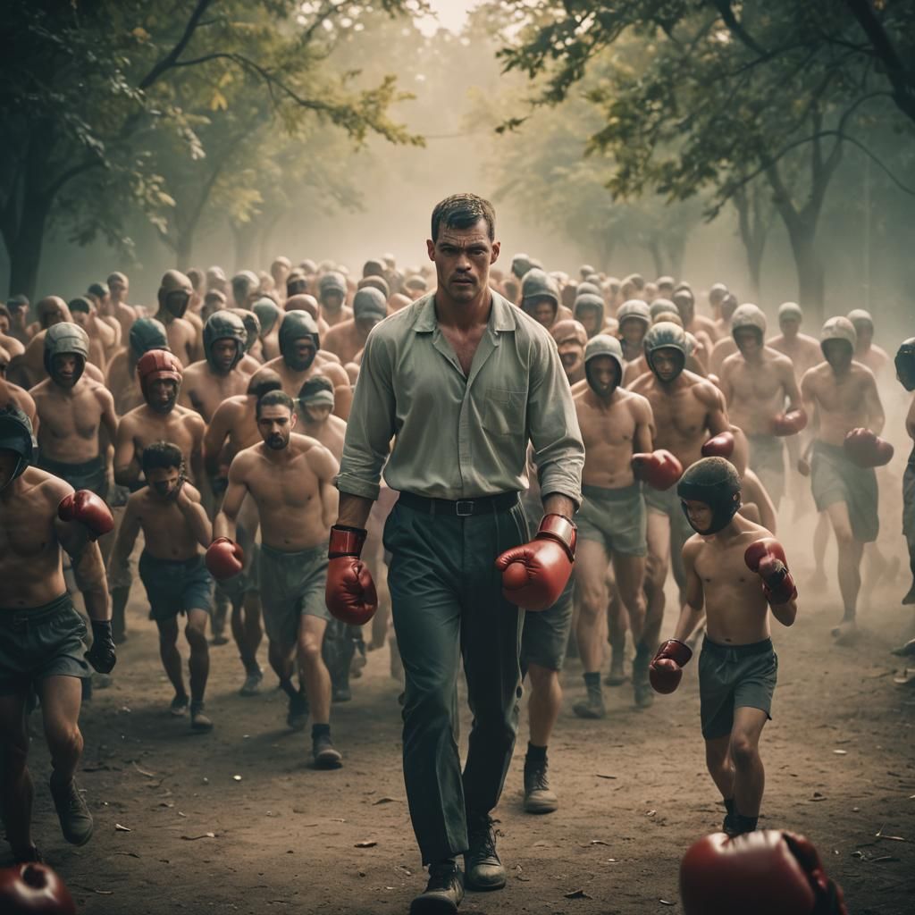 Boxer Leads Entourage in Cinematic Film Still